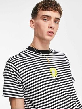OBEY XL Black & White Striped Short-Sleeve Tee with Yellow Sun Motif PTP 25-28